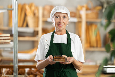 Elderly woman seller with piece of cakeの写真素材
