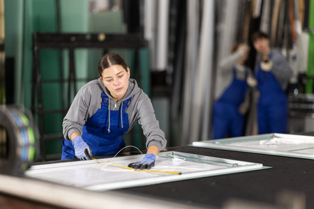 Young woman employee in blue overall measures given length of plastic material