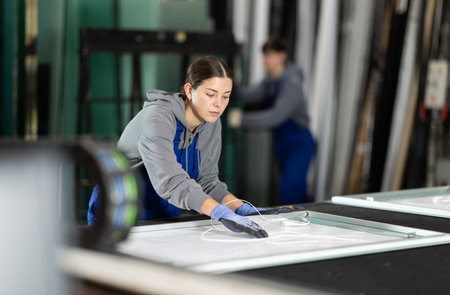 Young woman puts sheet of glass for processingの写真素材