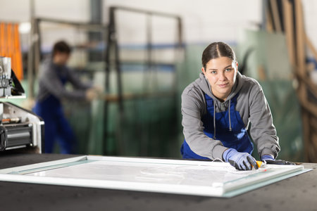 In workshop for production of glass products, girl co-worker cuts off excess from workpieceの写真素材