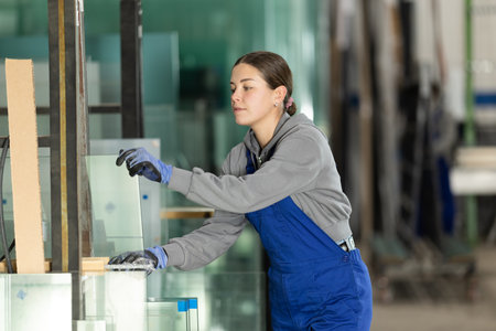 Young woman stacking glass sheets in factoryの写真素材