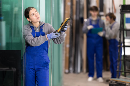 Young woman employee in blue overall uses remote control to move lifting mechanismの写真素材