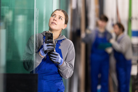 Young woman measuring sheet of glass with deviceの写真素材