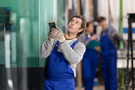 Adult man measures sheet of glass with deviceの写真素材