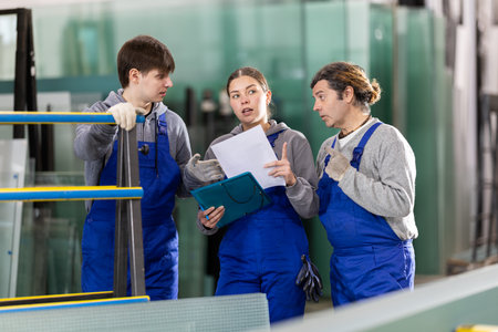 Two men and woman with folder discuss work at glass factoryの写真素材