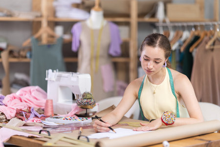 Young woman seamstress draws sketch on paper