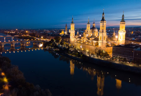 Night aerial view of Zaragoza with Basilicaの写真素材