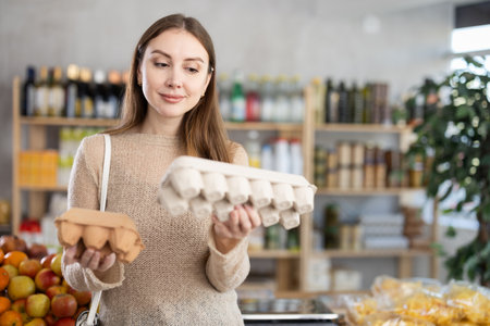 Female shopper choosing egg carton in grocery storeの写真素材
