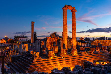 Remains of temple of Apollo in Turkish town Didim at twilight