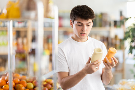 Interested guy choosing natural sauce in grocery storeの写真素材