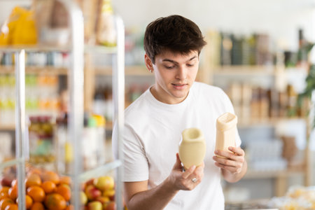 European guy looks at product and shop around, choose and buy mayonnaise in shopの写真素材