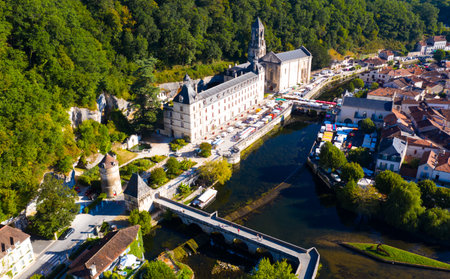 Aerial view of summer Brantome en Perigord on Dronne River, Franceの写真素材