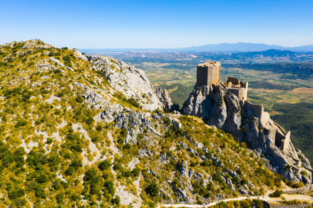 Panoramic view of castle Chateau de Queribus. Aude department. Franceの写真素材