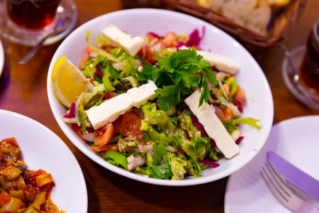 Image of Choban salad with cheese in a Turkish cafe.の写真素材