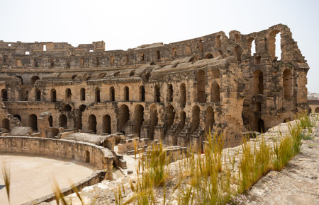 Walls of antique Roman amphitheater in Tunisian city of El Djem