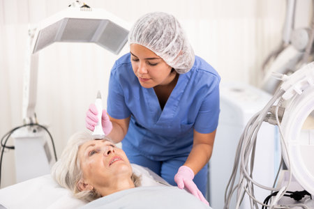 Professional young female cosmetologist doing facial skin ultrasound cavitation for for face lifting of mature woman laying in beauty salonの写真素材