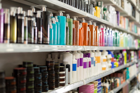 Assortment of hair care products in cosmetics storeの写真素材