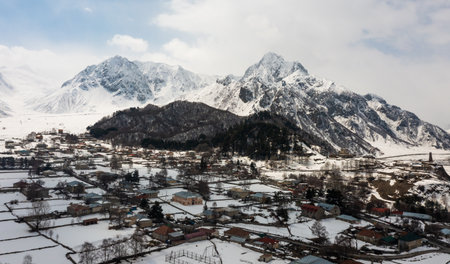Winter landscape with Sioni townlet in Caucasus mountains, Georgiaの写真素材