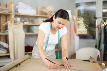 Woman tailor draws dress pattern of product on paper