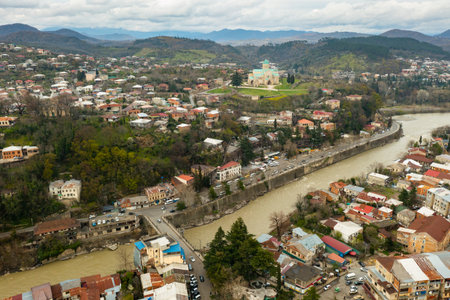 Panoramic view of Kutaisi center with Bagrati Cathedralの写真素材
