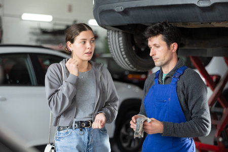 Man car mechanic talks with girl client in workshop and takes order.