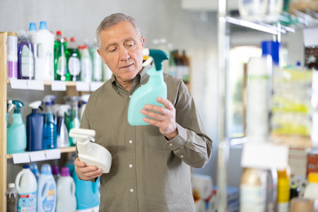 Male shopper carefully selects a spray glass cleaner for windows in homeの写真素材