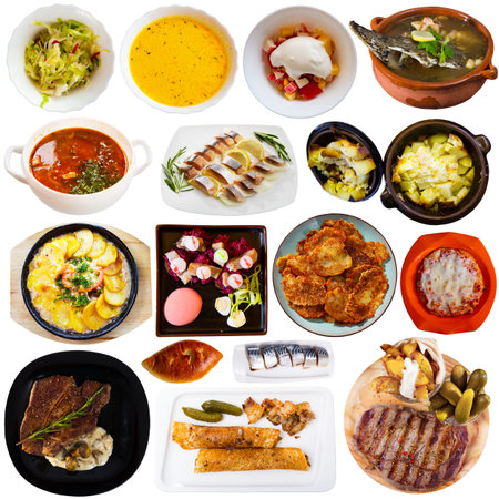 Set of Russian food collage on white