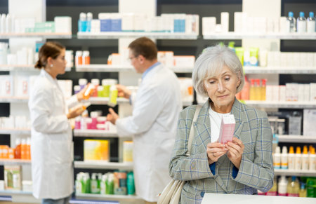 Old woman client choosing convenient care product in boxの写真素材