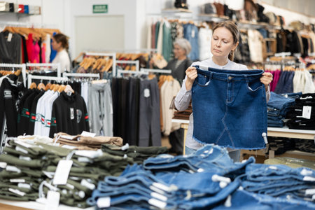 Adult woman choosing jeans in storeの写真素材