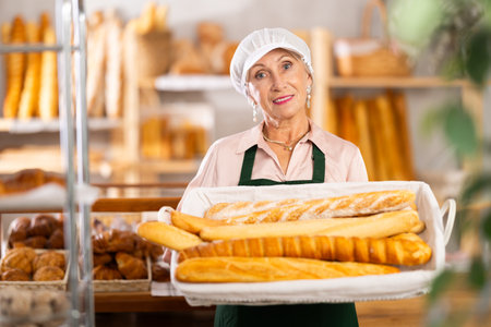 Senior female baker worker sells baguette, shows many productsの写真素材