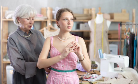 Mature dressmaker measuring clientの写真素材