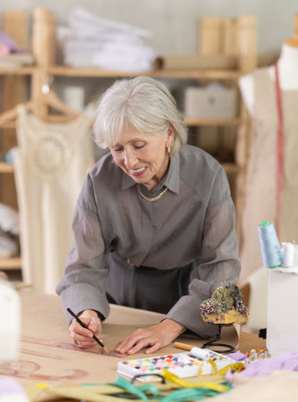Woman dressmaker drawing pattern on paper in workshopの写真素材