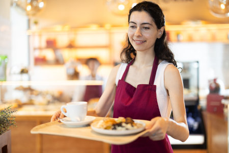Seller carries a tray with cups of coffeeの写真素材