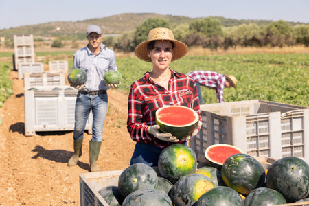 Cheerful woman farmer with ripe watermelonの写真素材