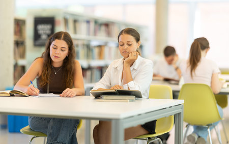 Two female student friends studying for exams together in university libraryの写真素材
