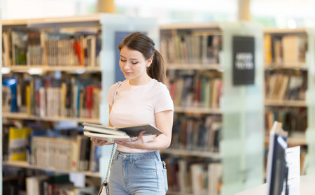 Young female student reading book in libraryの写真素材