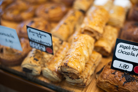 View of display full of various appetizing confectioneries in pastry shop