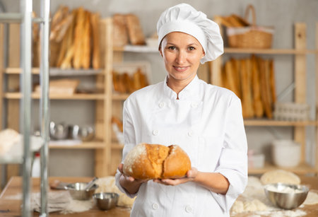 Female baker worker show loafs of breads