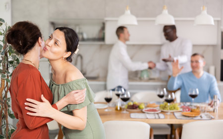 Two women greet each other when meetingの写真素材