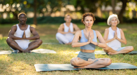 Multinational yoga enthusiasts with female coach perform padmasana in parkの写真素材