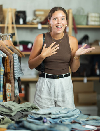 Joyful woman standing in a clothing storeの写真素材