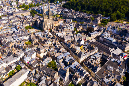 Drone view of Quimper on Odet river with cathedral, Franceの写真素材