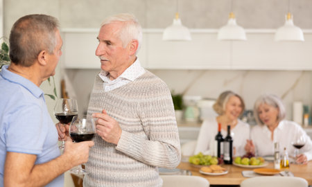 Two elderly men friends talking in kitchenの写真素材