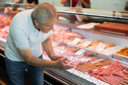 Adult man buyer chooses sausages in butcher shopの写真素材