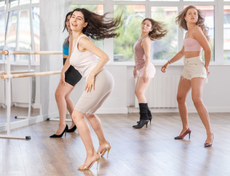 During lesson, girl learn to move and perform dance in heels with women companionsの写真素材
