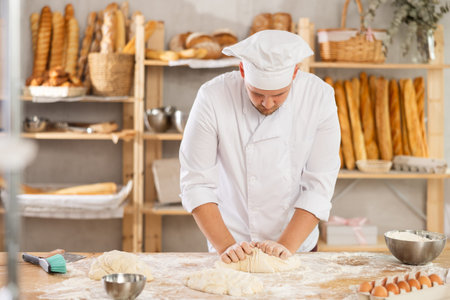 Professional baker stands at his work bench, kneading and shaping dough to make bread and baguettes