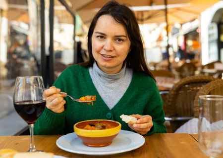Mashed potatoes dressed with garlic, cumin, paprika and bacon bits, traditional dish from Spain known as patatas meneas. Salamanca. Spainの写真素材