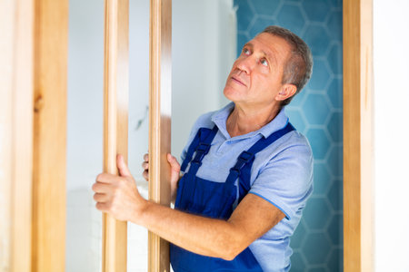Professional male craftsman in a blue uniform checking the quality of the installed door at the apartmentの写真素材