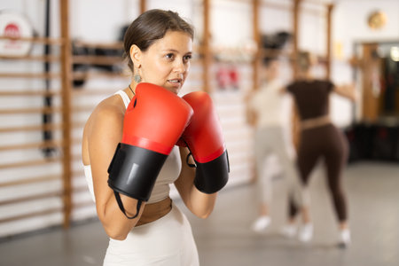 Young girl posing with boxing glovesの写真素材