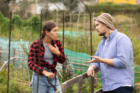 Angry girl quarreling with male neighbor, talking through fenceの写真素材